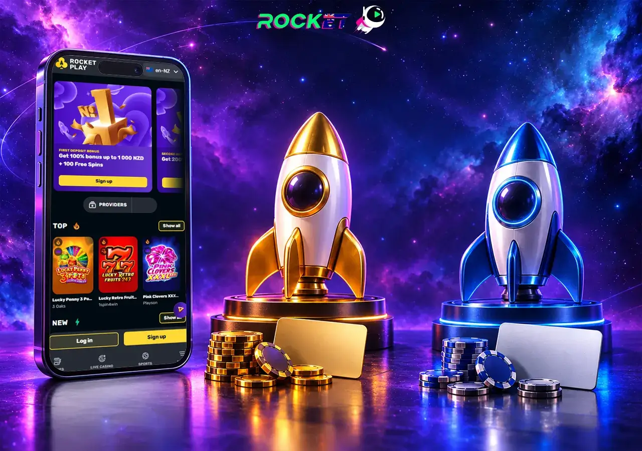 Two rockets frame a phone’s casino lobby as rival game collections meet