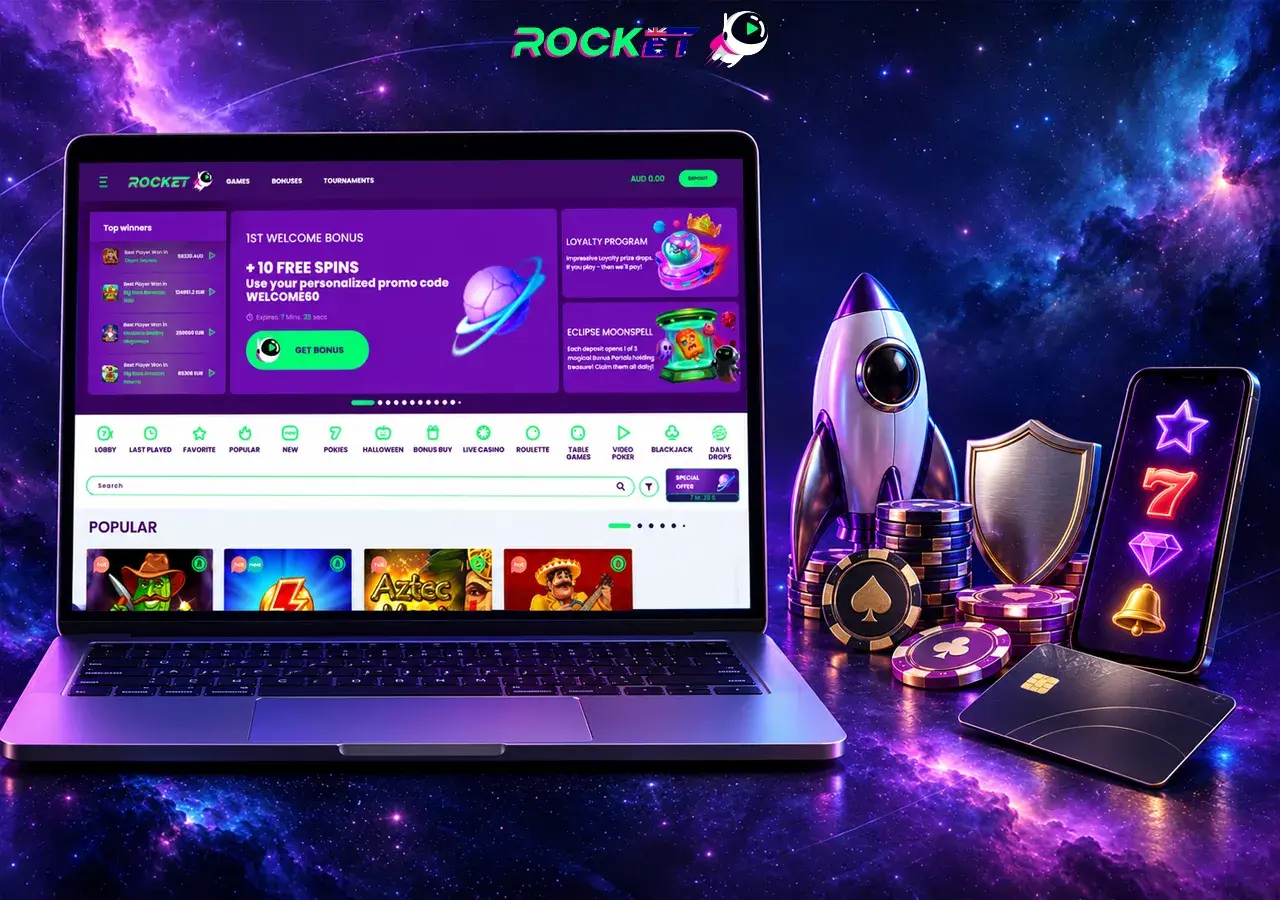 A casino lobby fills a laptop screen as a small rocket and trophy stand nearby