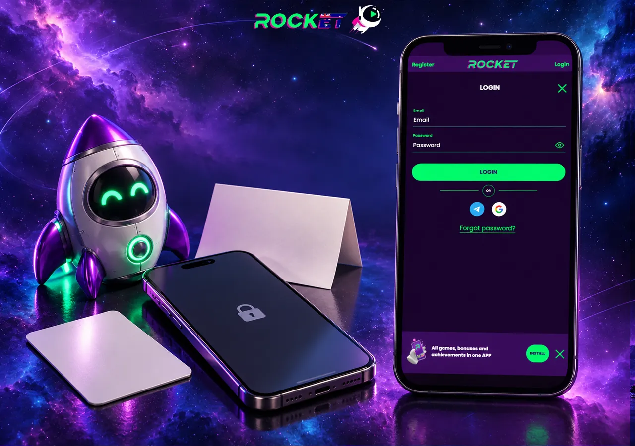 A login screen and robot stand among a smartphone, payment card and envelope